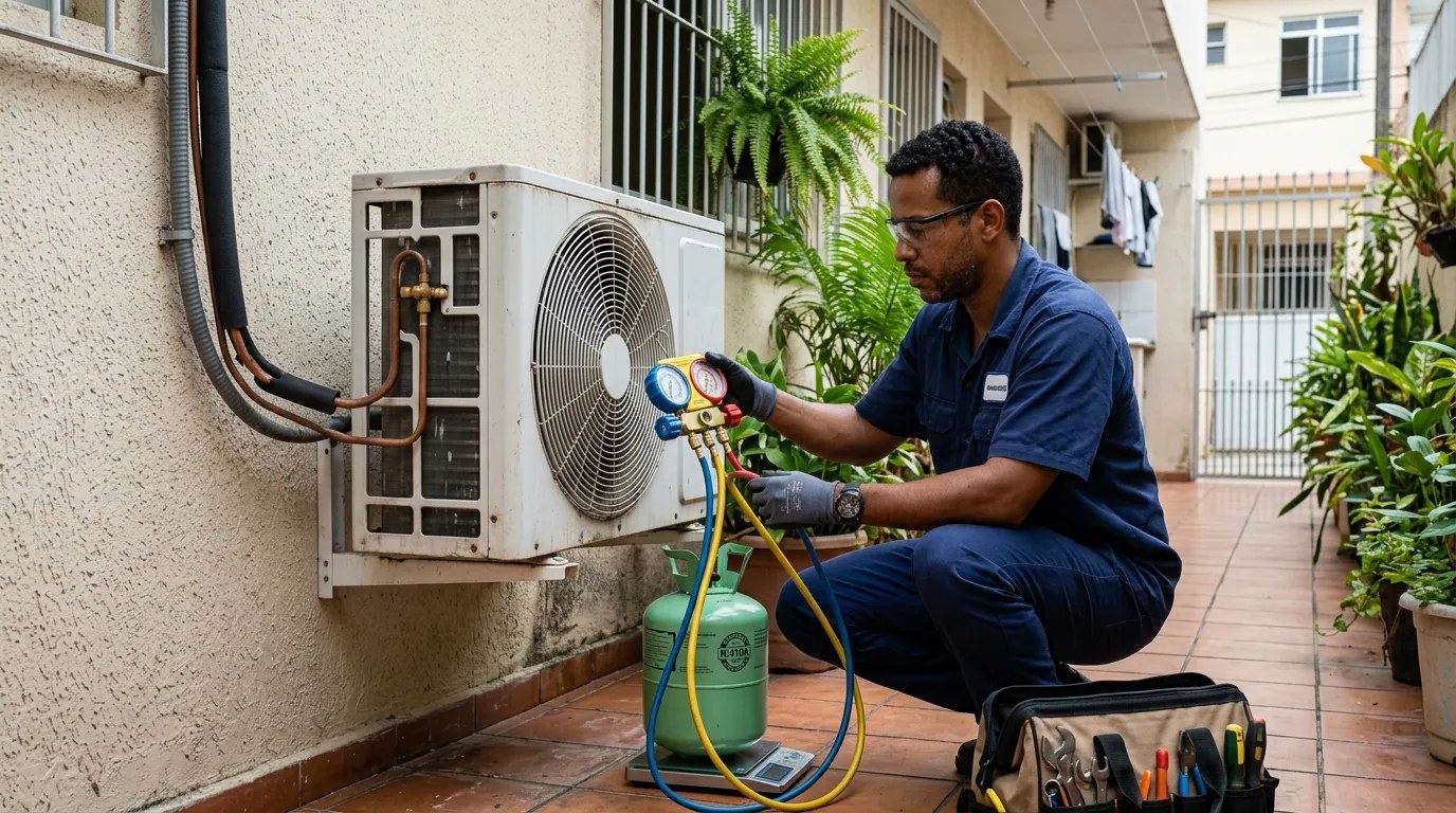 Técnico fazendo carga de gás na condensadora do ar-condicionado em Ribeirão Preto‑SP