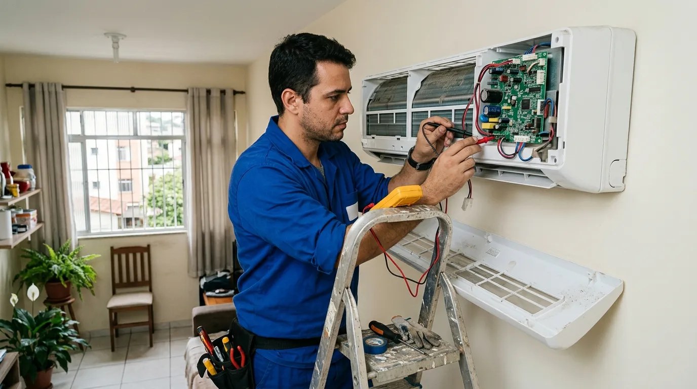 Técnico trocando a placa eletrônica de ar-condicionado split em Ribeirão Preto‑SP