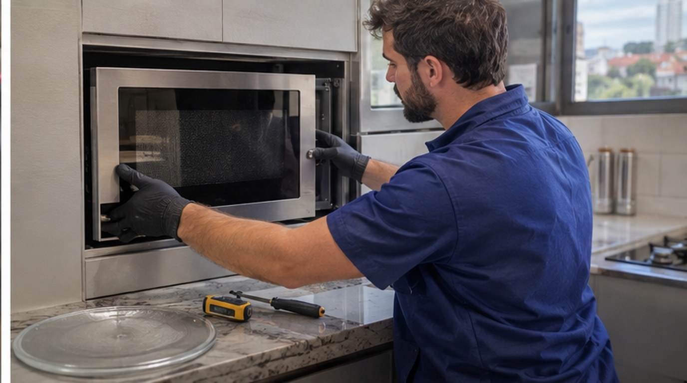 Conserto de micro-ondas de embutir em Ribeirão Preto‑SP: técnico encaixando o aparelho no armário