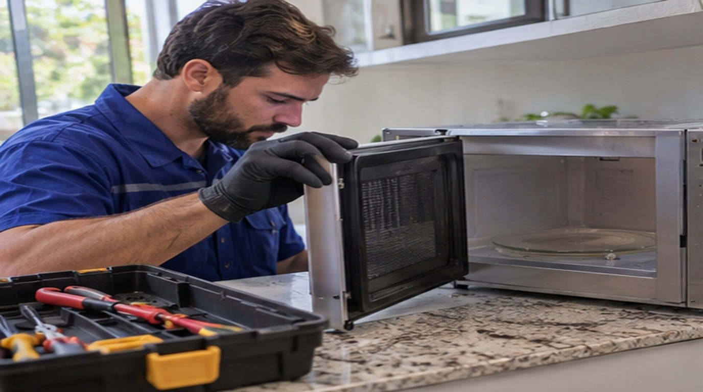 Conserto de micro-ondas em Ribeirão Preto‑SP: técnico abrindo um micro-ondas de bancada