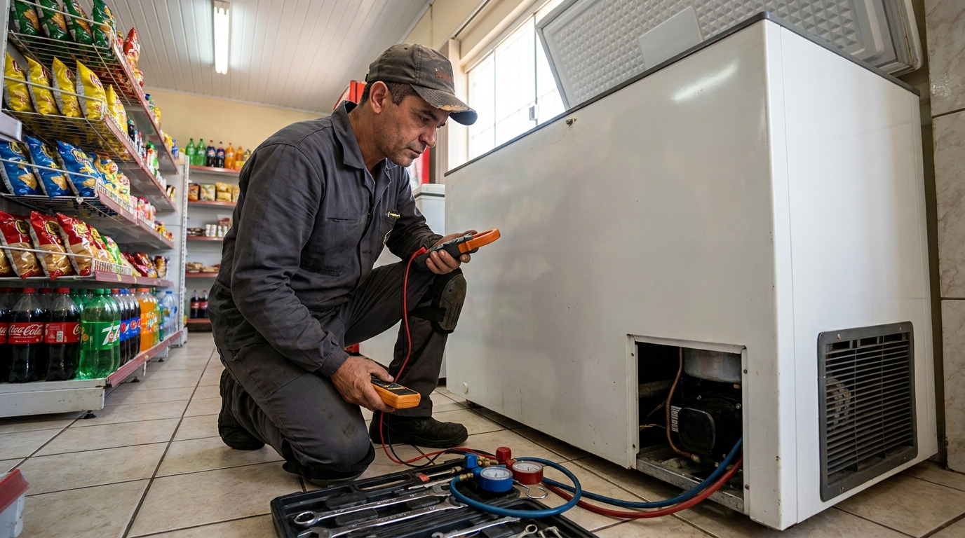 Reparo da placa eletrônica de um freezer em atendimento no Centro, Ribeirão Preto‑SP