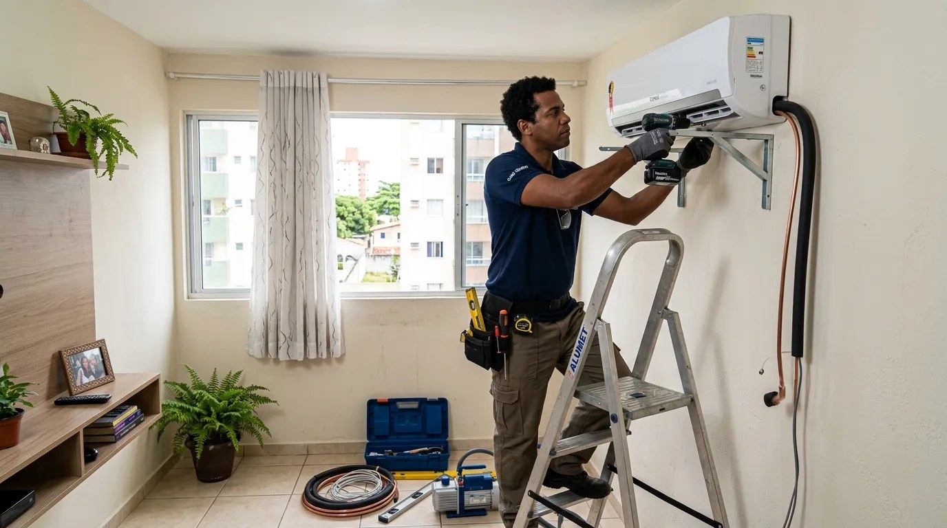 Técnico instalando ar-condicionado split em residência em Ribeirão Preto‑SP