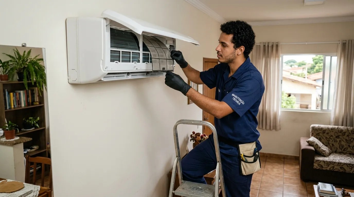 Técnico fazendo limpeza e higienização de ar-condicionado split em Ribeirão Preto‑SP