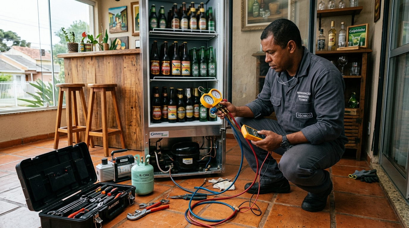 Técnico revisando o motor de uma cervejeira durante chamado em Ribeirão Preto‑SP