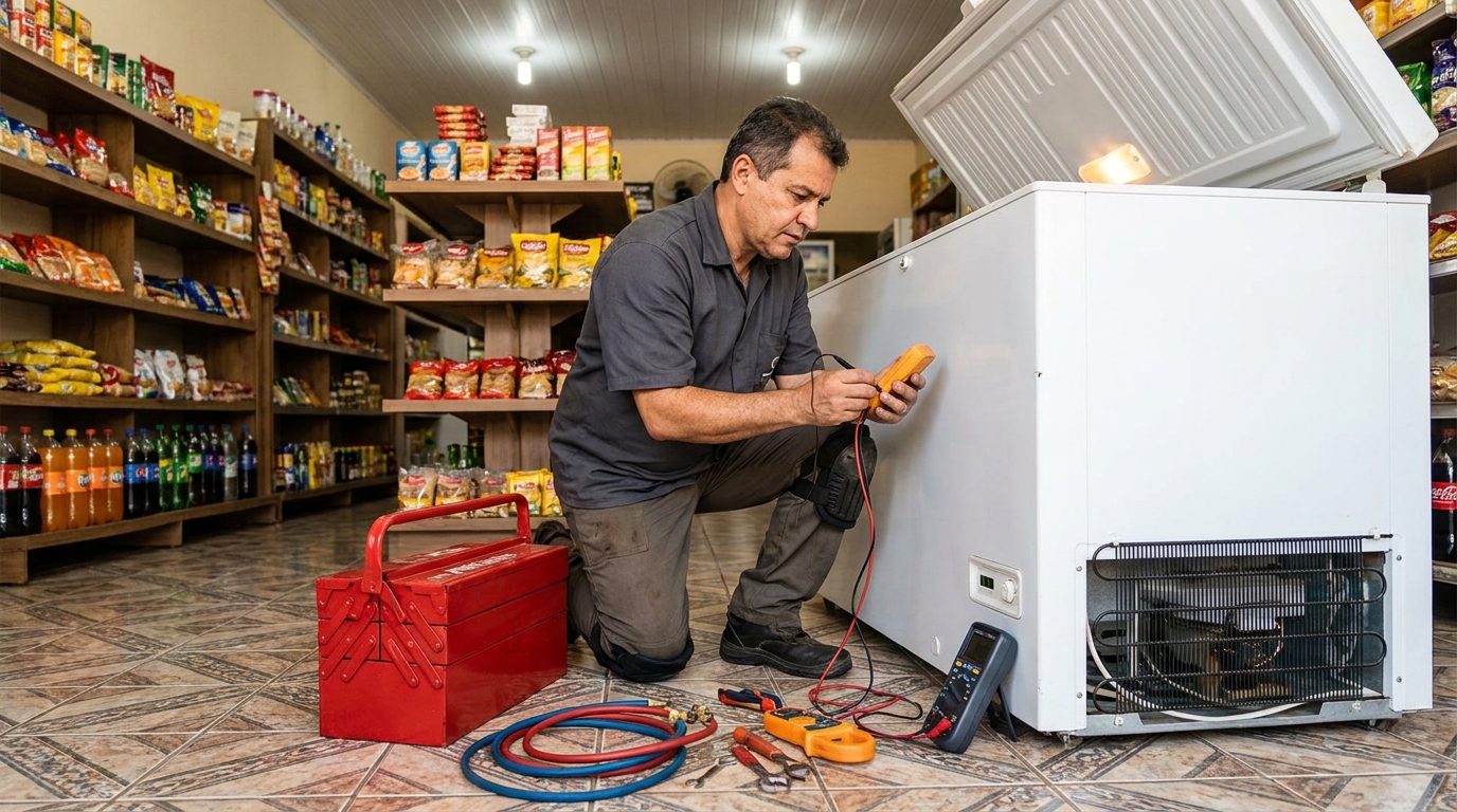 Manômetro conectado ao circuito durante recarga de gás de freezer no Centro, Ribeirão Preto‑SP