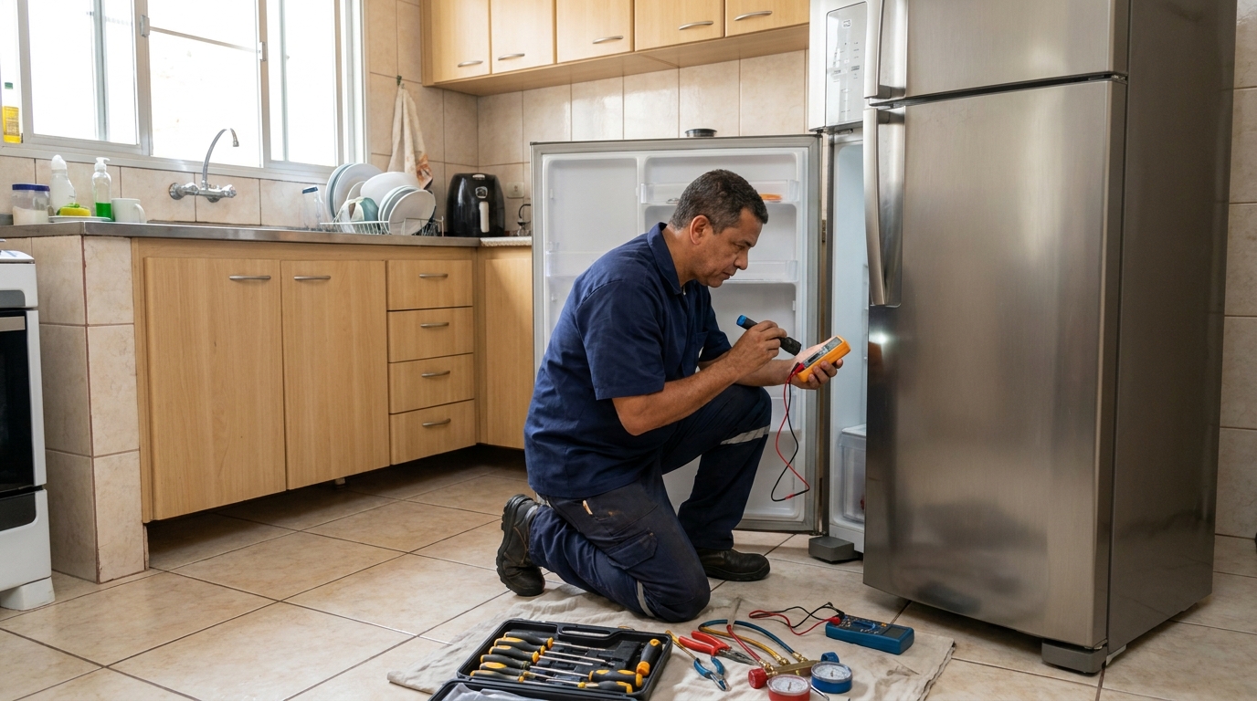 Técnico fazendo recarga de gás em geladeira de cliente em Ribeirão Preto‑SP