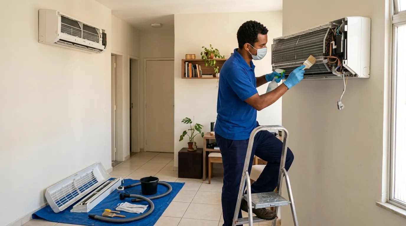 Técnico fazendo manutenção de ar-condicionado split em Ribeirão Preto‑SP