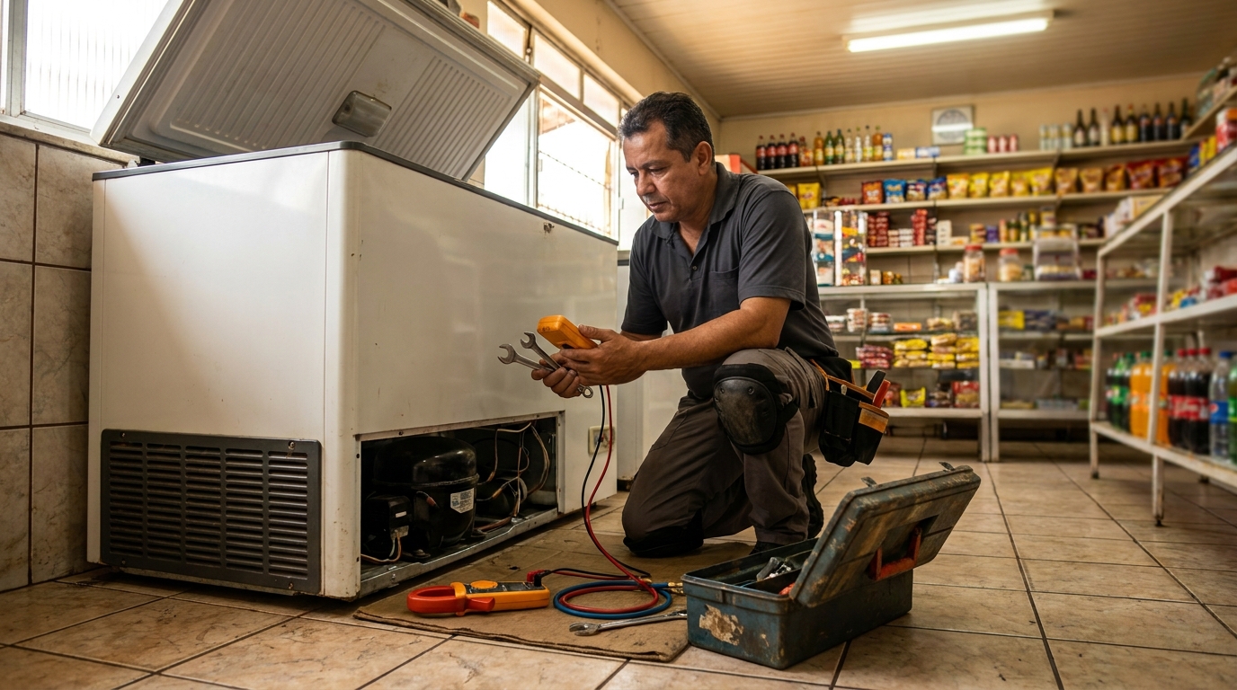Técnico avaliando um freezer vertical durante atendimento no Centro, Ribeirão Preto‑SP