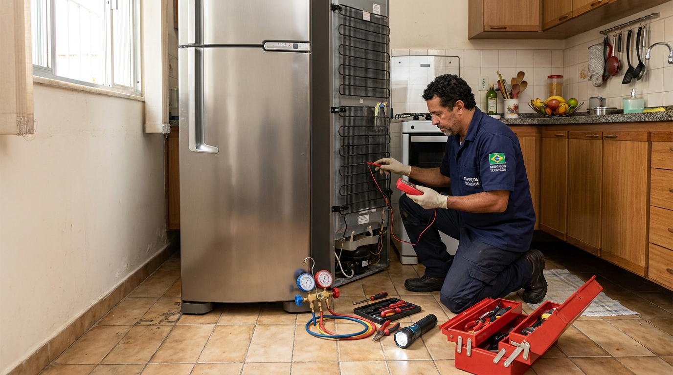 Técnico consertando uma geladeira na casa do cliente em Ribeirão Preto‑SP