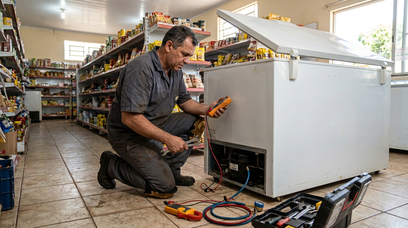 Substituição do termostato de um freezer durante visita técnica no Centro, Ribeirão Preto‑SP